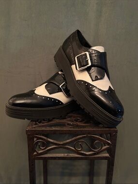 Marc Fisher Remona Black and White Monk Strap Brogue Oxfords